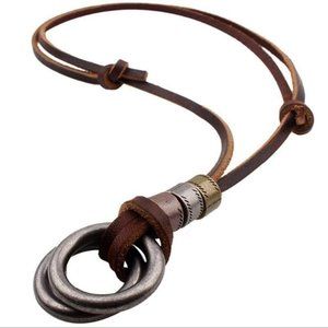 Handmade Men Leather necklace Retro Leather Cord Necklace Double Circle Ring